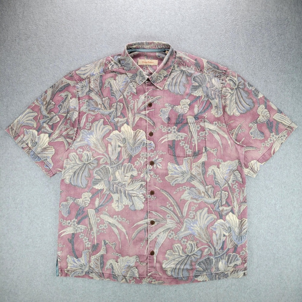 Tommy Bahama Silk Button Shirt Mens XL Mauve Tropical Floral Camp Short Sleeve